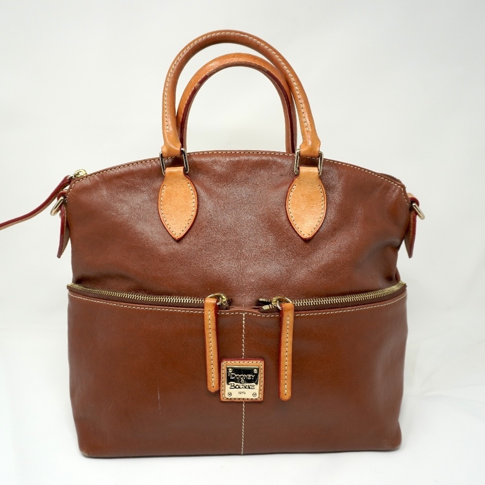 Dooney & Bourke Dillen Large Leather Double Pocket Satchel Tan Tote